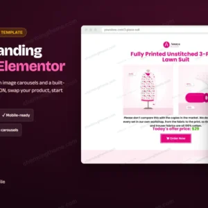 Fashion product landing page template for Elementor: desktop and mobile preview, $5