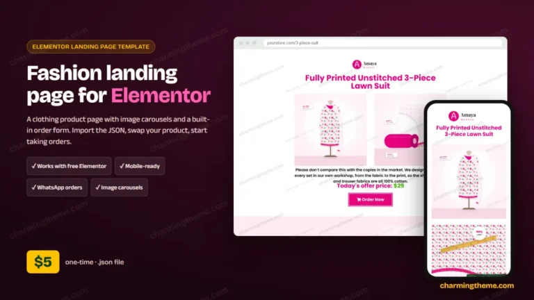 Fashion product landing page template for Elementor: desktop and mobile preview, $5