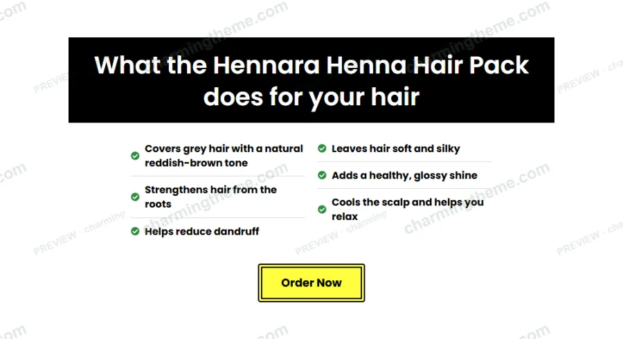 Benefits section with two check lists in the henna landing page template
