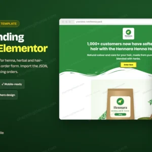 Henna hair pack landing page template for Elementor: desktop and mobile preview, $5