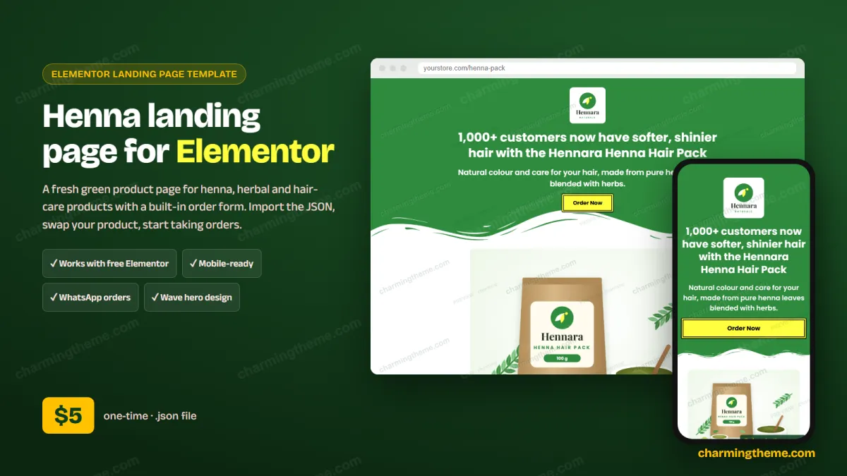 Henna hair pack landing page template for Elementor: desktop and mobile preview, $5