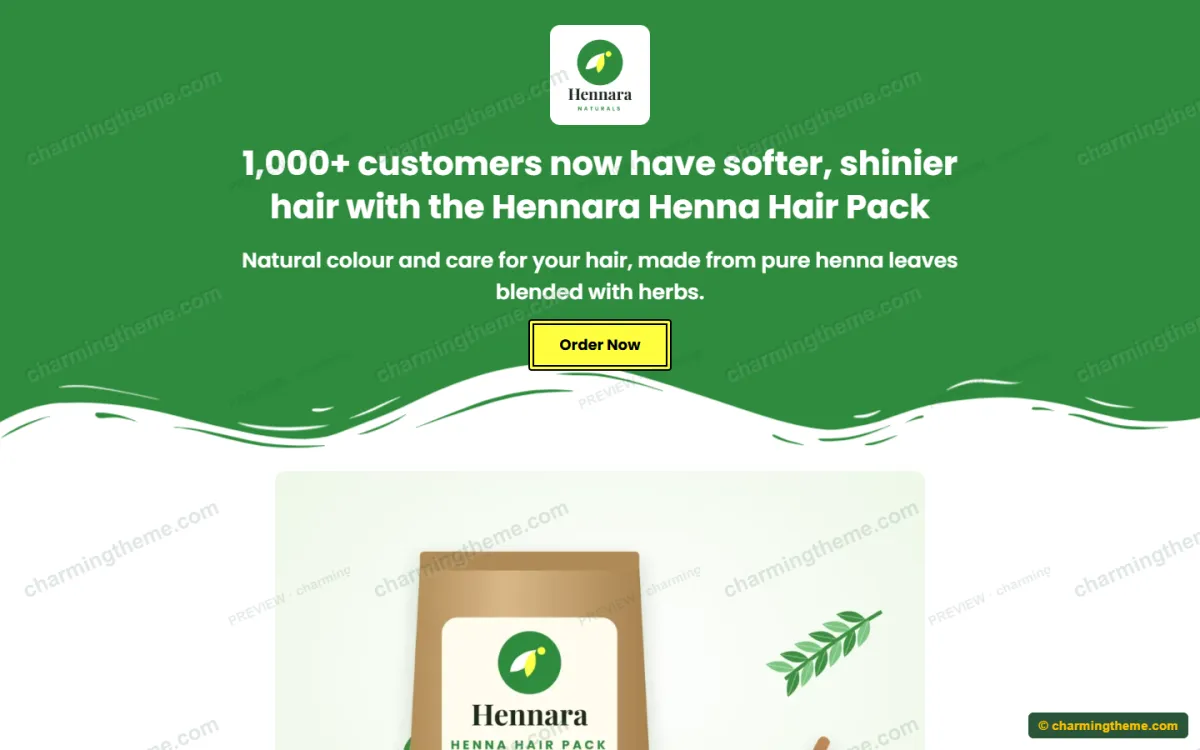 Green hero with wave divider in the henna landing page template