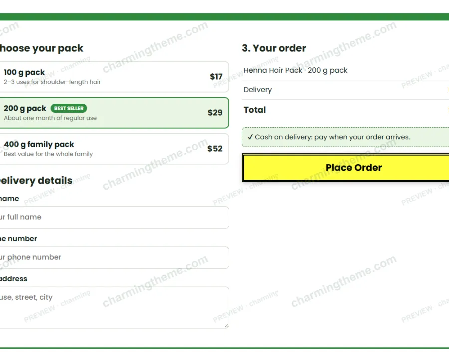 Built-in order form with pack sizes, free delivery and cash on delivery