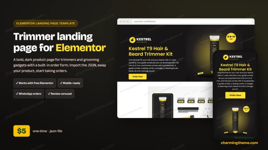 Trimmer landing page template for Elementor: desktop and mobile preview, $5
