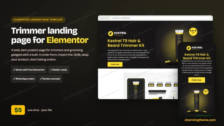 Trimmer landing page template for Elementor: desktop and mobile preview, $5