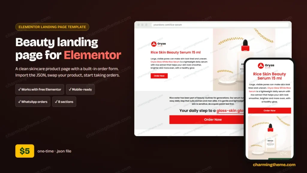 Beauty product landing page template for Elementor: desktop and mobile preview, $5