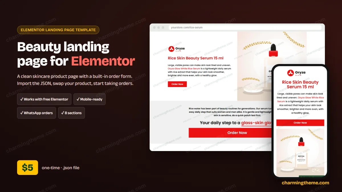 Beauty product landing page template for Elementor: desktop and mobile preview, $5