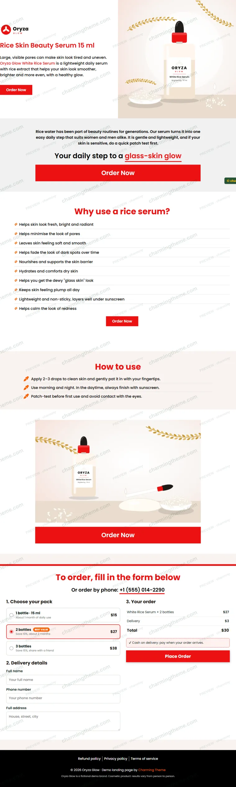 Full-page preview of the Elementor skincare landing page template