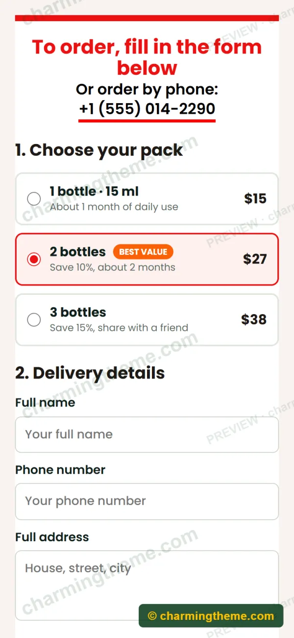 Order form on mobile in the skincare landing page template