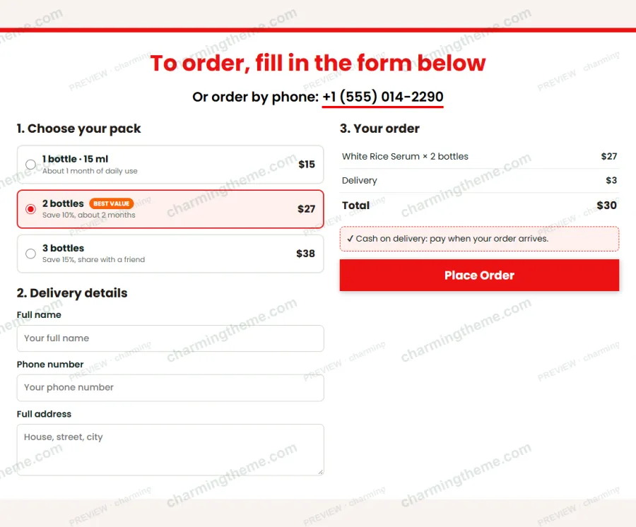 Built-in order form with bottle packs, delivery details and cash on delivery