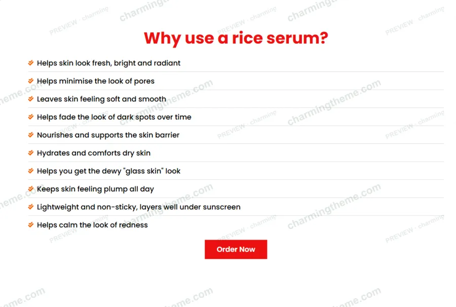 Benefit list section with check icons in the skincare landing page template