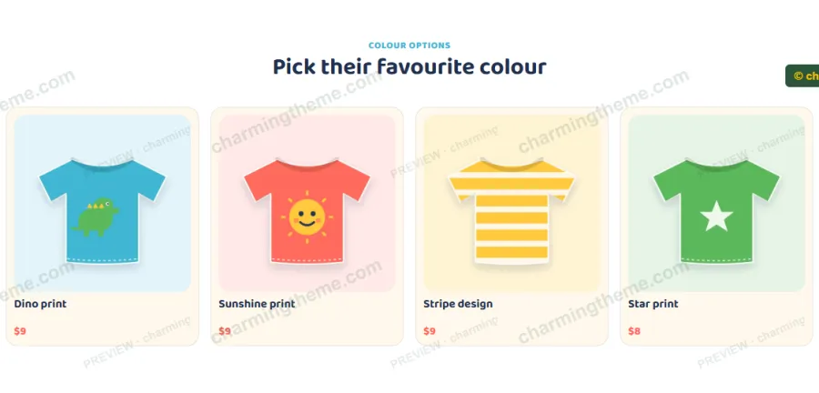 Colour option cards in the kids clothing landing page template