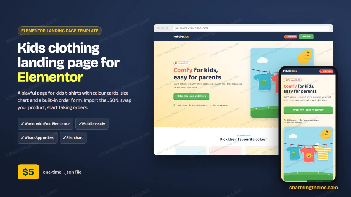 Kids clothing landing page template for Elementor: desktop and mobile preview, $5