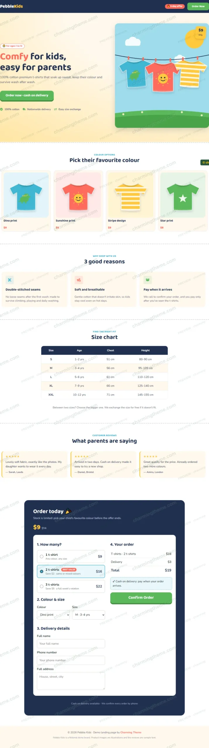 Full-page preview of the kids clothing landing page template for Elementor
