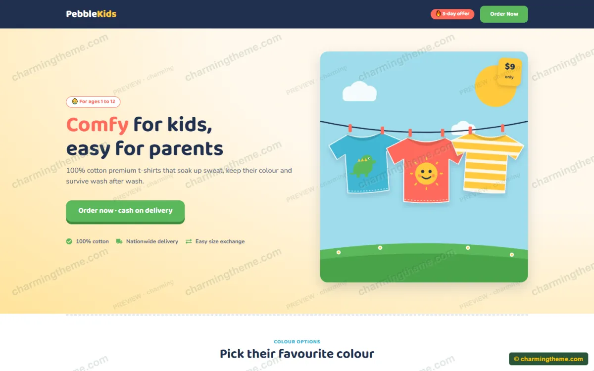 Header and hero of the kids t-shirt landing page template with headline, order button and illustration