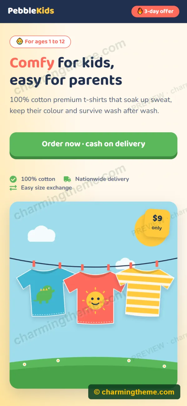 Mobile view of the kids clothing landing page template