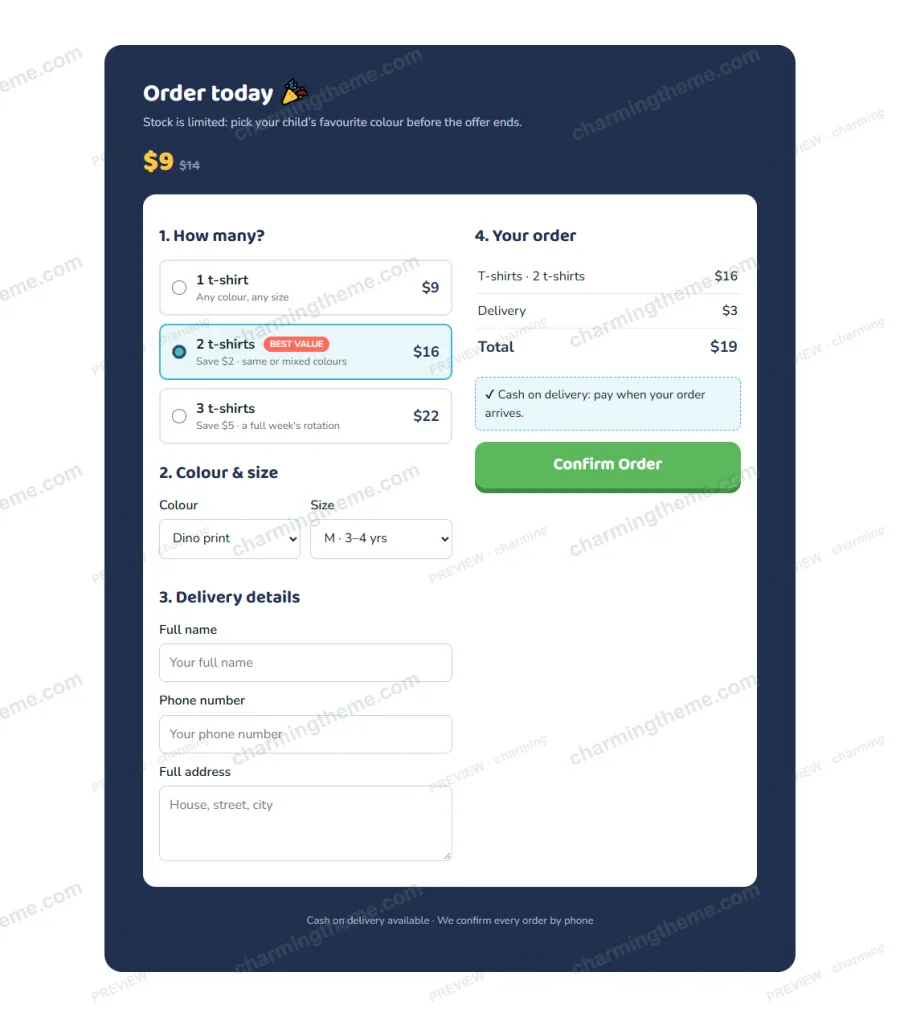Order form with quantity, colour, size, delivery details and cash on delivery