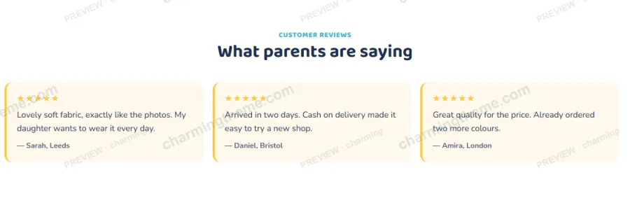 Customer review cards in the kids clothing landing page template