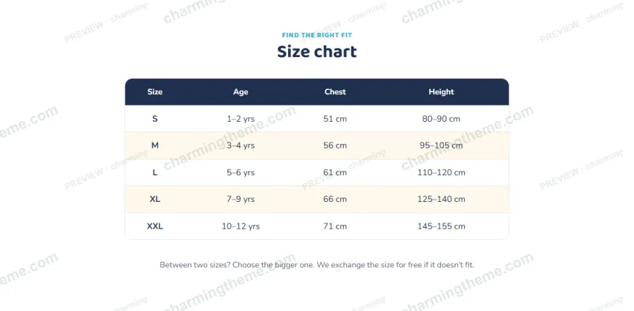 Size chart table in the kids clothing landing page template