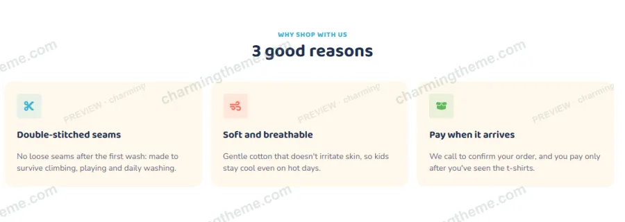 Three reasons section with icon boxes in the kids clothing landing page template