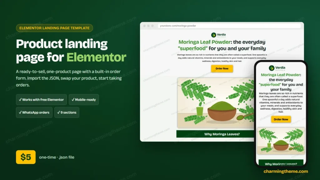 Product landing page template for Elementor: desktop and mobile preview, $5