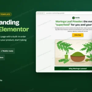Product landing page template for Elementor: desktop and mobile preview, $5