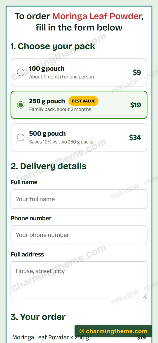 Order form on mobile in the Elementor landing page template
