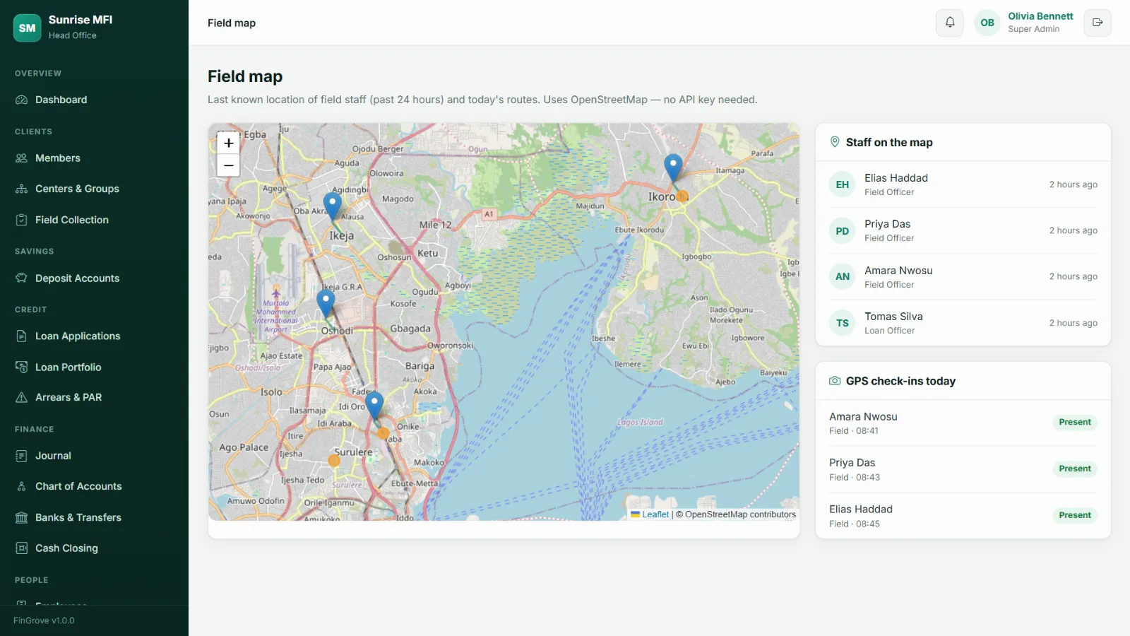 FinGrove live map of field officers with GPS check-ins