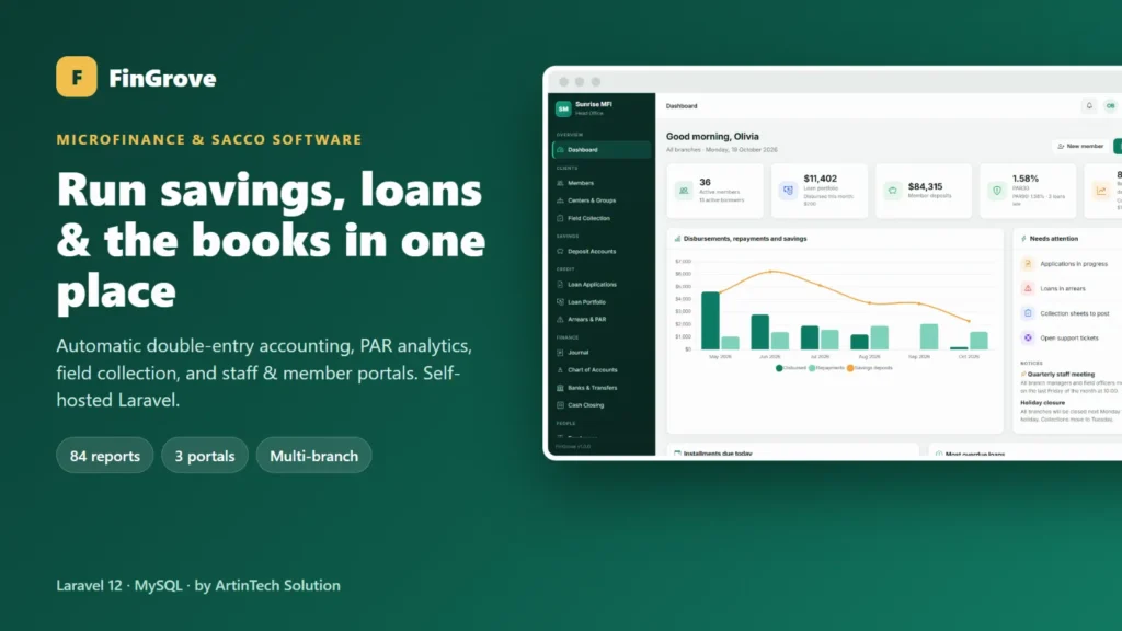 FinGrove Laravel microfinance software: savings, loans and accounting dashboard