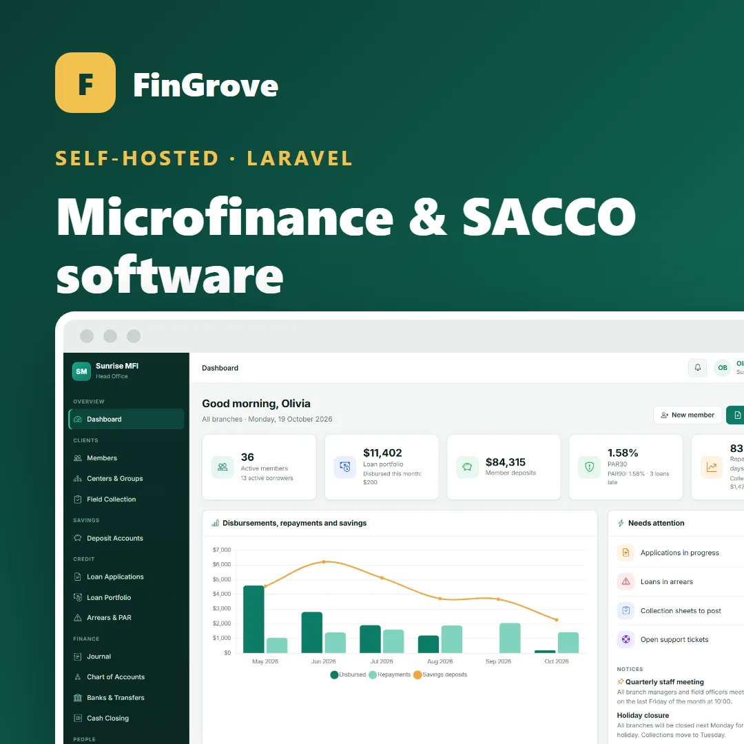 FinGrove microfinance and SACCO software for Laravel