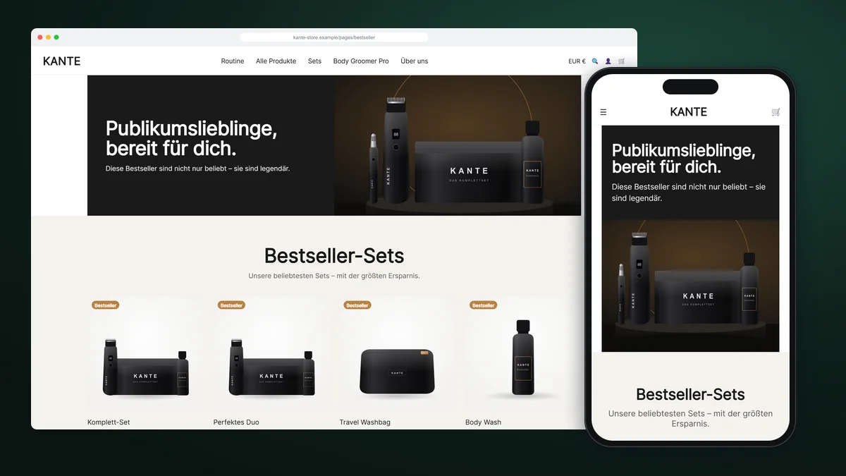 Landing de más vendidos en Shopify en escritorio y móvil