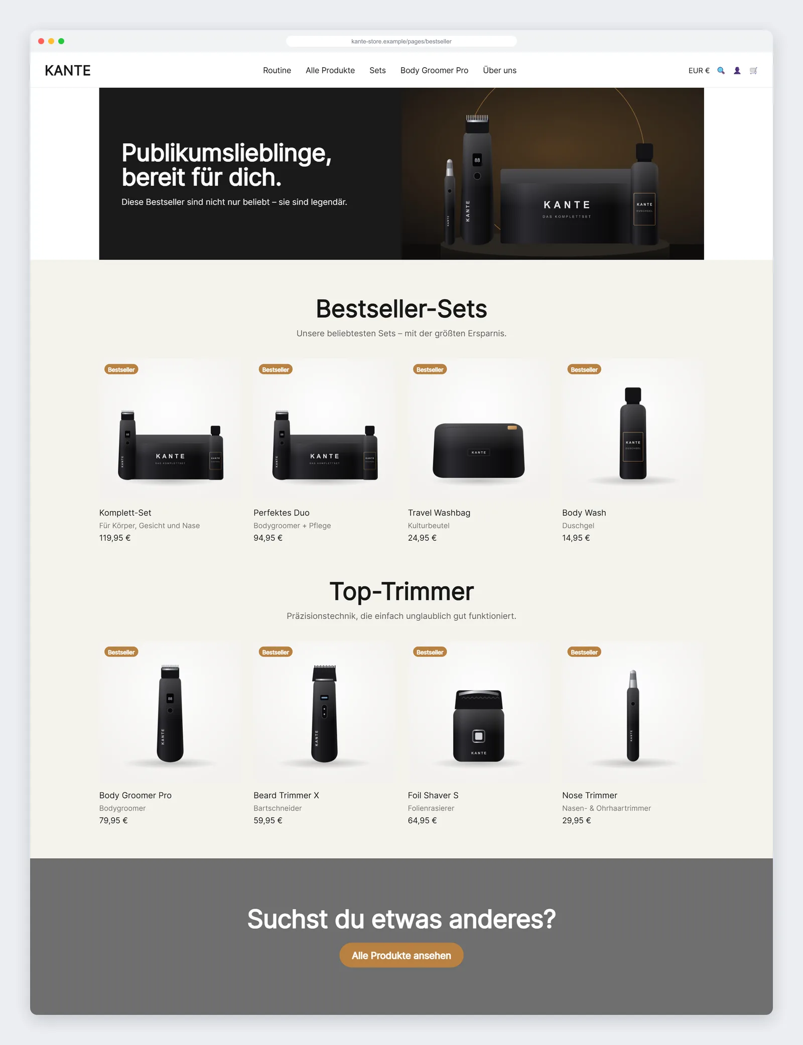 Landing de más vendidos en Shopify con banner, filas de productos y llamada a la acción