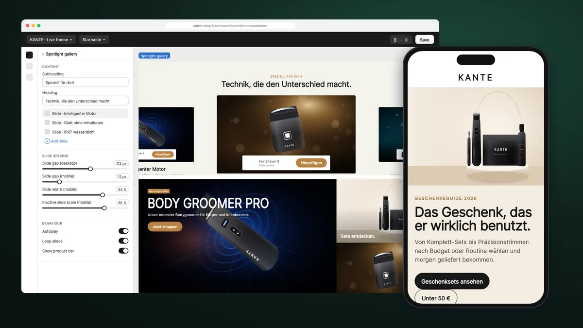 Desarrollo de secciones Shopify: editor de temas y guía de regalos en móvil